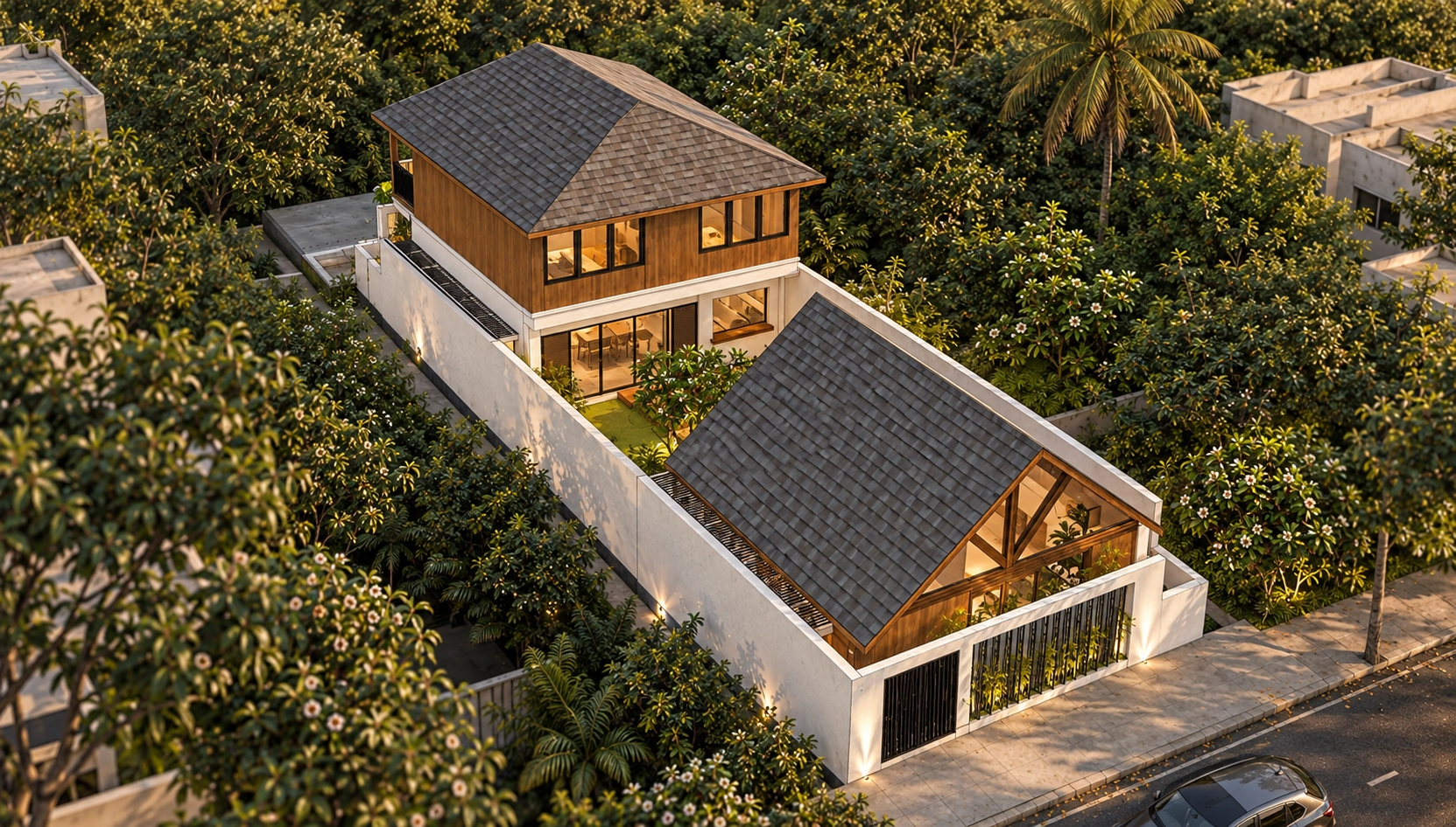 Aerial view of the courtyard and pavilion