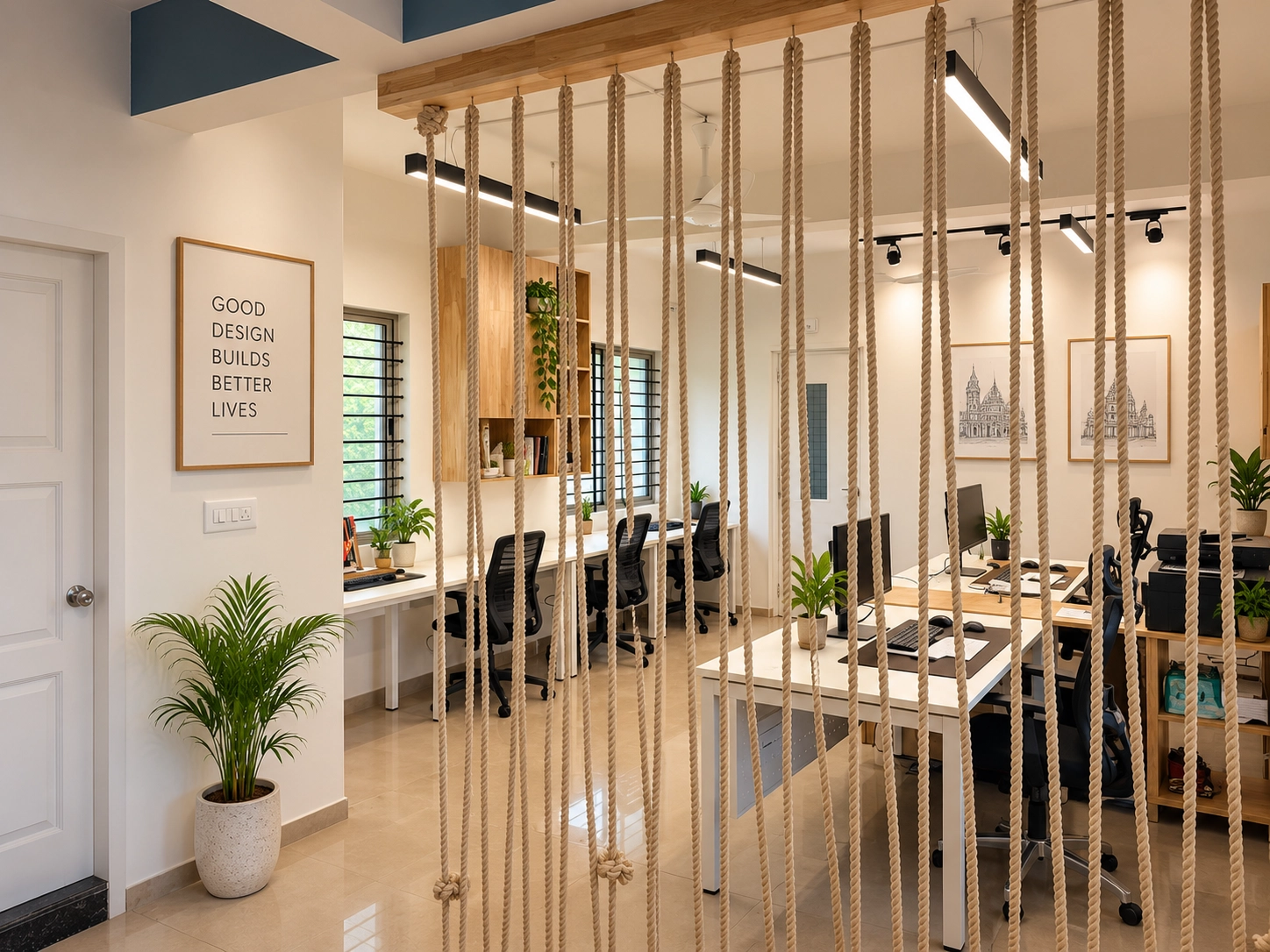 The studio workspace through the rope screen